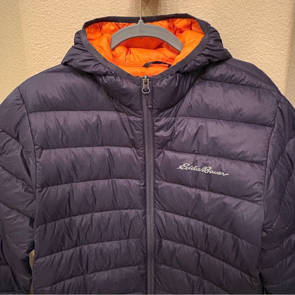 Eddie Bauer Navy Orange CirrusLite Down Puffer Hooded Zip Jacket Size Medium - Picture 2 of 10
